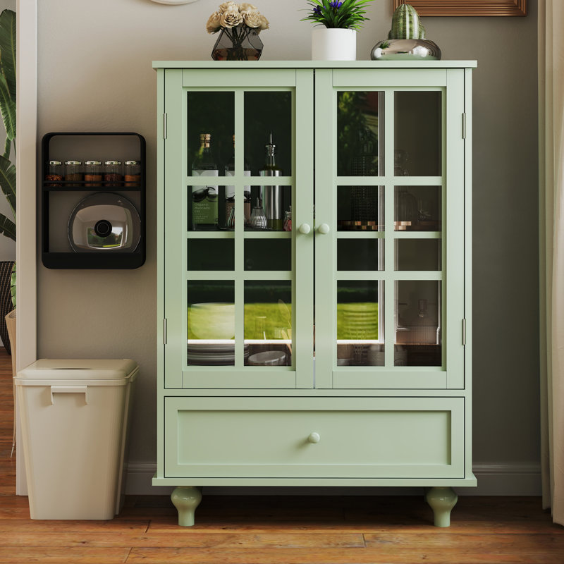 Minimalist Buffet Cabinet With Double Glass Doors And 1 Drawer, Modern Wooden Storage Sideboard Cupboard For Living Room, Dining Room, Hallway