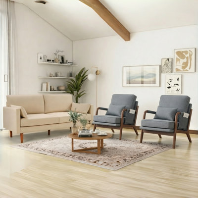3-Piece Modern Fabric Upholstered Living Room Set -  Standard Sofa And Solid Wood Armchairs