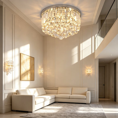 Modern K9 Crystal Raindrop Chandelier, Flush Mount Ceiling Light Fixture with G9 Base, Pendant Lamp for Dining Room Bedroom Living Room, 16 Inch Width, Chrome Finish