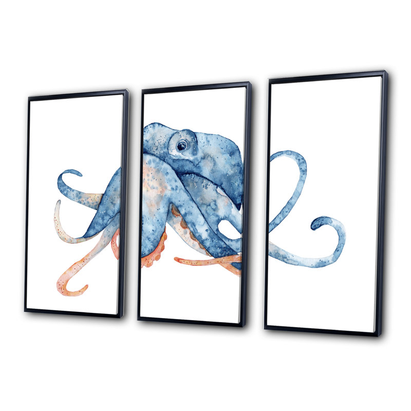 Pieuvre bleue sur fond blanc - ensemble d'art mural sur toile encadré nautique et côtier