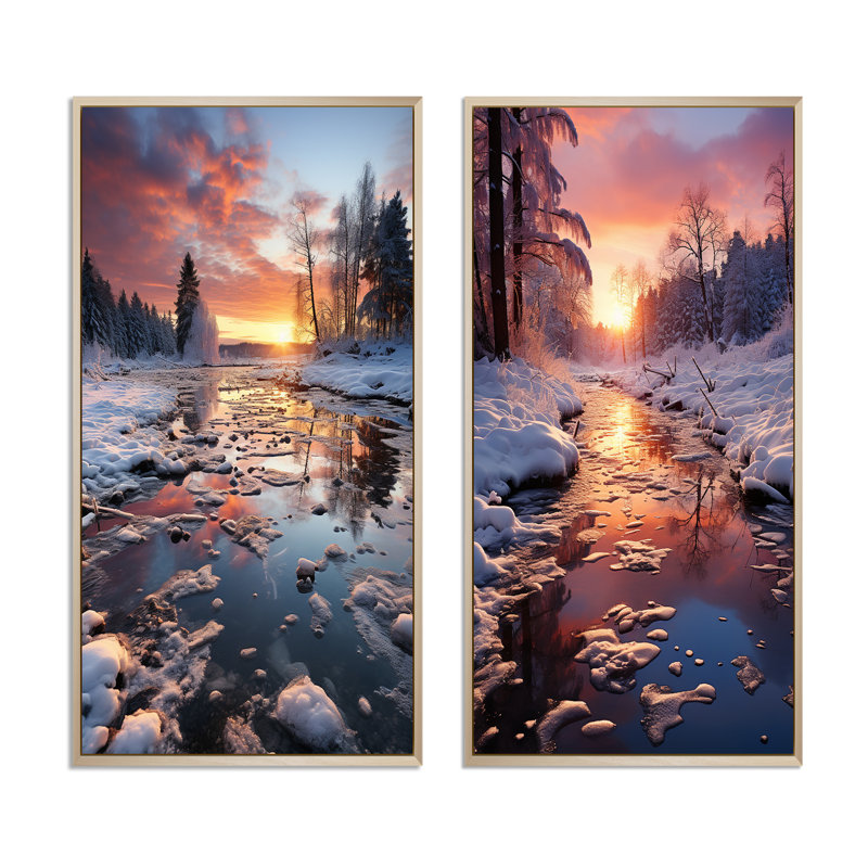 «Winter Sunset Snowfall», 2 pièces sur toile, H 40 po x l 40 po, Encadrement brun