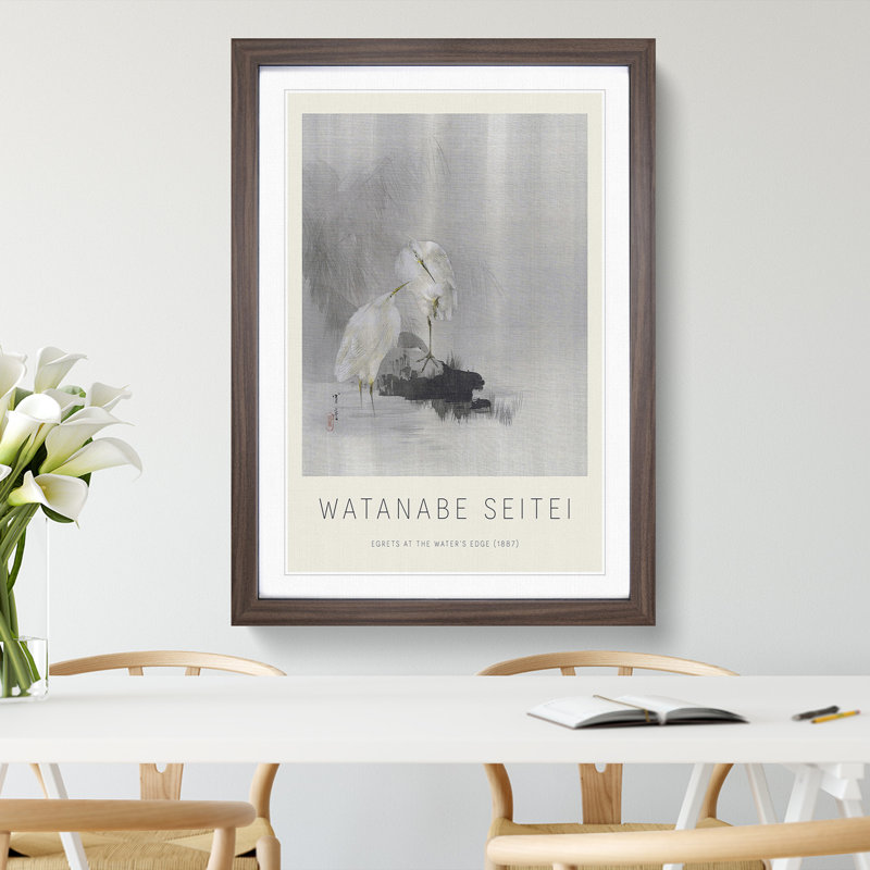 Egrets At The Waters Edge by Watanabe Seitei - Single Picture Frame Print, 48cm H x 36cm W x 2cm D, Walnut Framed
