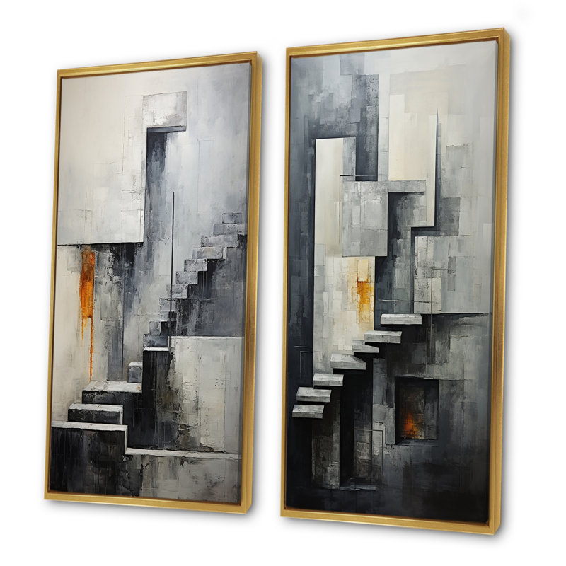 Abstrait argent escalier - formes abstraites, ensemble de 2 reproductions d'art mural, Encadrement doré, H 28 po x l 25 po