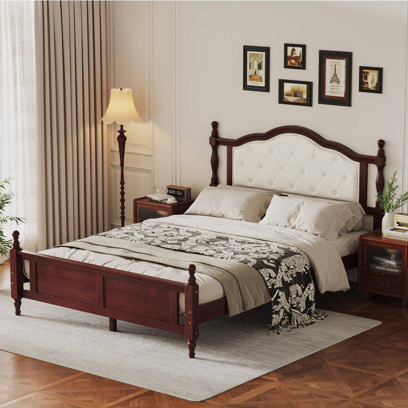 Solid Wood Frame Queen Size Bed With Upholstered Headboard, Queen Platform Bed With Support Feet, Brown