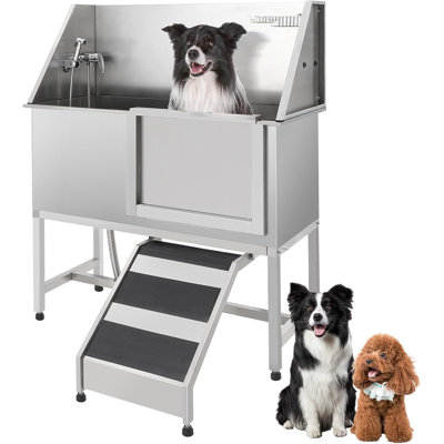 Station de bain pour chien avec escalier, baignoire de toilettage professionnelle, baignoire pour chien en acier inoxydable pour grands, moyens et petits animaux, lavabo à hauteur réglable pour la maison avec boîte à savon, robinet, accessoire riche