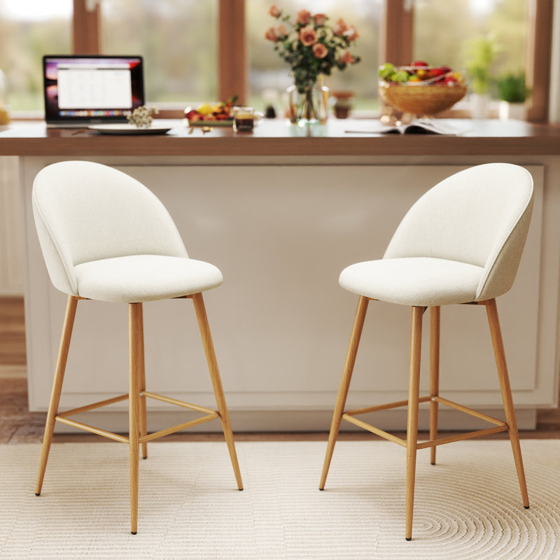 Corrigan Studio 26" Swivel Counter Stool with Beige Fabric Seat & Oak Legs — Modern Counter-Height Chair for Kitchen Island or Dining Bar