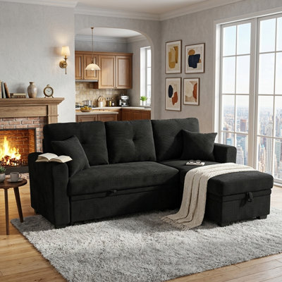Sleeper Sofa, Sectional with Pull-Out Bed, Reversible Chaise, Storage Sectional,  Black breathable  fabric, Small Space Solution, Convertible Sofa Bed, Living Room Furniture, L-Shaped Sofa
