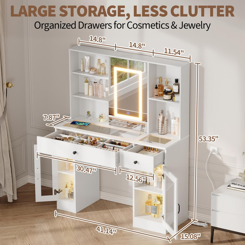 Vanity Desk with Mirror and Lights Glass Top Vanity Desk with Sliding Mirror Makeup Dressing Table with Storage Drawers and Glass Cabinets White