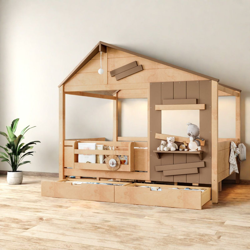 Lits de ferme pleine grandeur avec rangement, cadre en pin et MDF, chambre d'enfant rustique