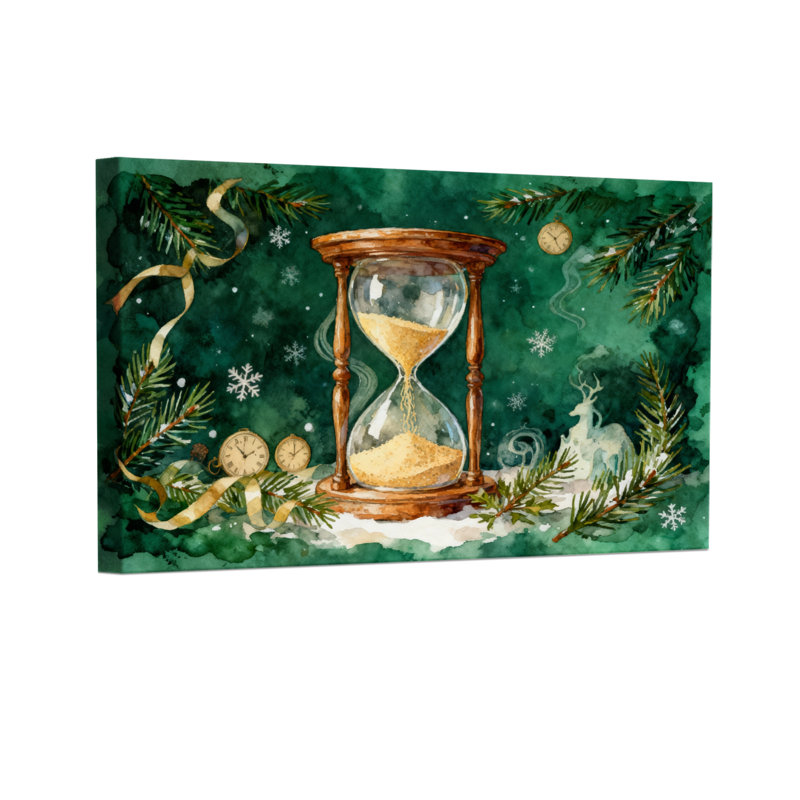 Sablier de Noël branches de pin, flocons de neige, horloge, ruban, cerf, ensemble de 3 impressions sur toile