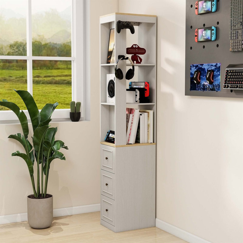 Armoire de rangement mince en bois avec 3 tiroirs, 2 crochets et de grandes tablettes pour une organisation moderne