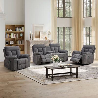 3-Piece Modern Microfiber Reclining Living Room Set With Two Oversize Power Lift Assist Chairs & Manual Loveseat