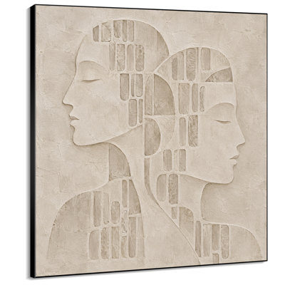 Impression sur tissu grand format - Beige neutre - Deux visages de femmes - Motif géométrique - Idéal pour le salon ou la chambre - « Assemblage du cadre requis (cadre non fini) »
