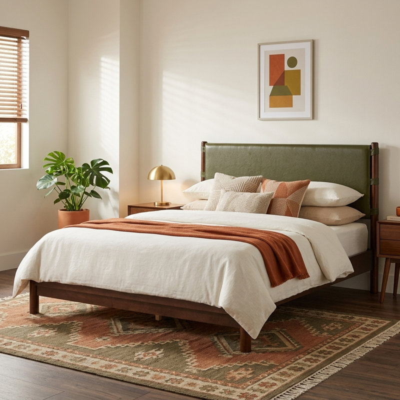 Lit plateforme en bois de style Mid-Century avec tête de lit tapissier en polyuréthane, sans sommier, Grand lit