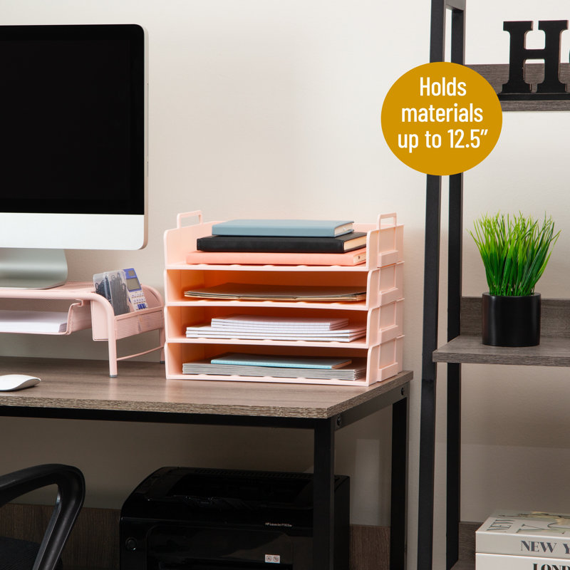 Mind Reader Stackable Paper Tray, Desktop Organizer, File Storage, Office, Plastic, 13.75"L x 10"W x 10.75"H, 4 Pcs, Pink
