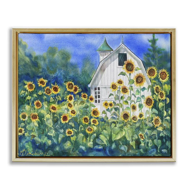 Tall Sunflowers & Country Barn, 17" H x 21" W, Metallic Gold Floater Frame