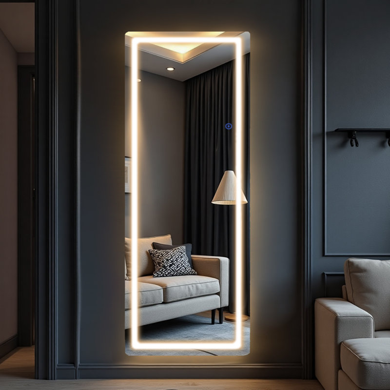 Miroir rectangulaire pleine longueur à DEL en alliage d'aluminium avec cadre, Argent argent, 62,99 po x 19,69 po
