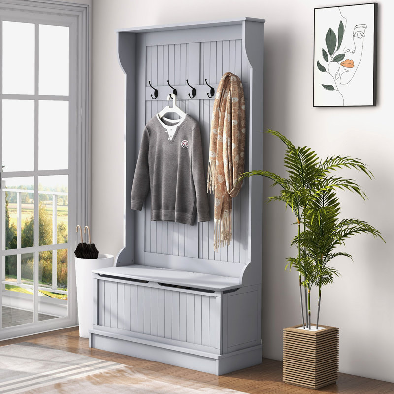 38" 3-In-1 Entryway Hall Tree With Storage Bench, Coat Rack With Four Hooks And Shoe Storage, Gray