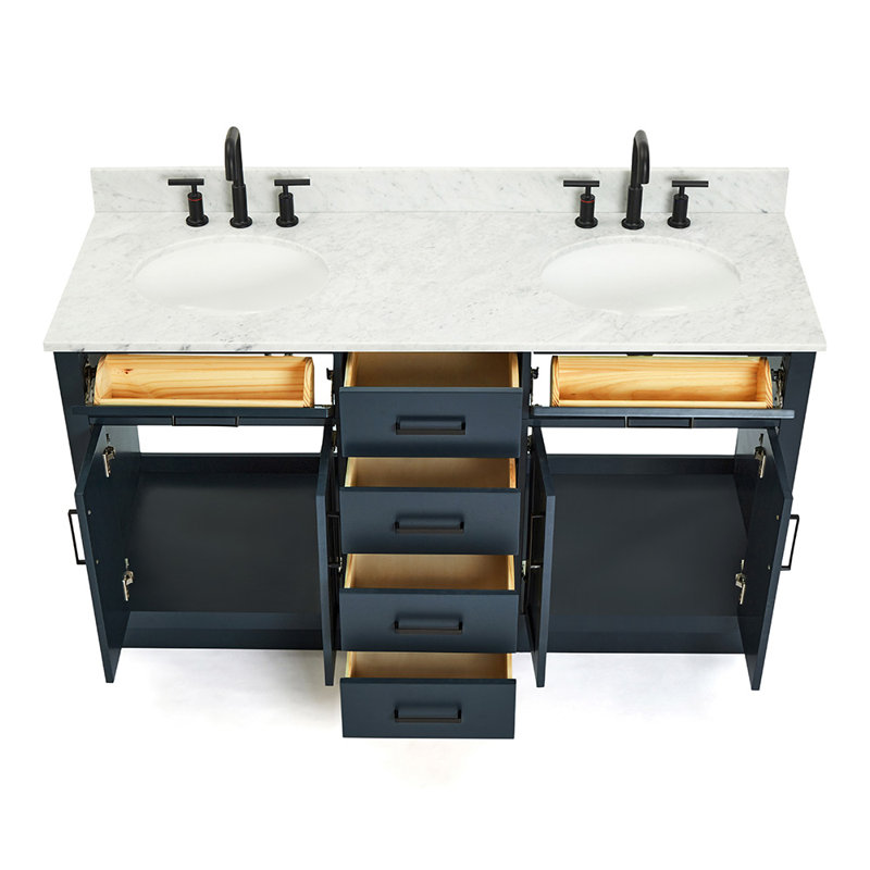 Jameal 60'' Solid Wood Double Bathroom Vanity with 0.75'' Carrara Marble Top Sinks, Midnight Blue, Oval