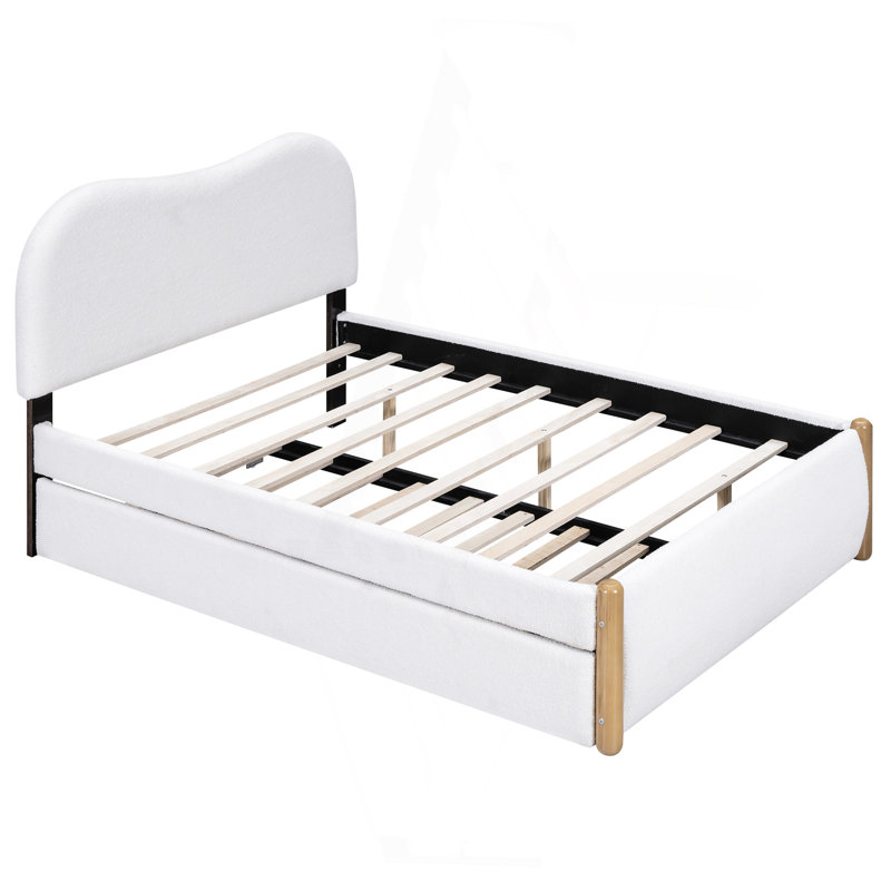 Lit plateforme double rembourré pleine grandeur avec pieds de support en bois et lit gigogne simple, Lit double, Blanc
