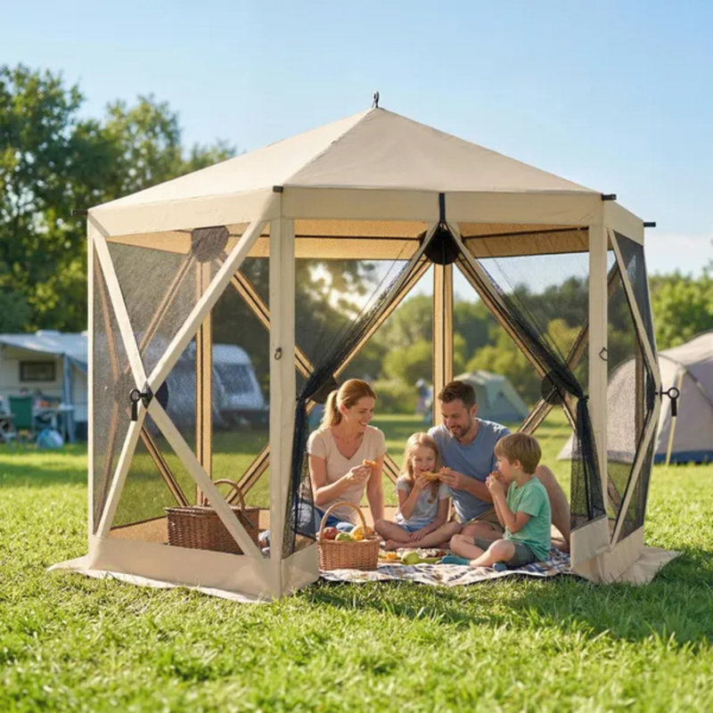 Spacious Camping Canopy Screen House,Outdoor Pop Up Gazebo Screen Tent, Beige/noir
