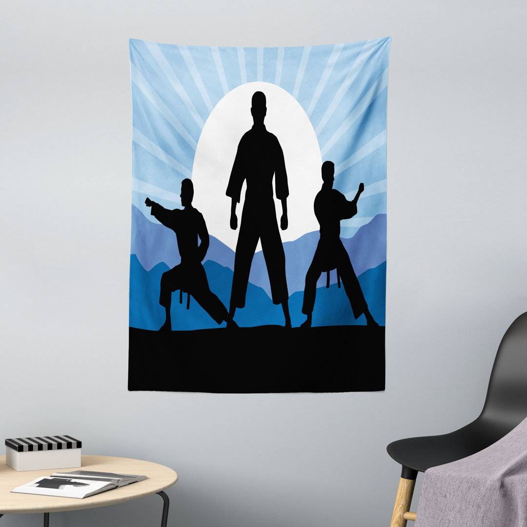 Wandteppich, Karate Männer Silhouetten Sun, Kung Fu, Sky Blue Grau