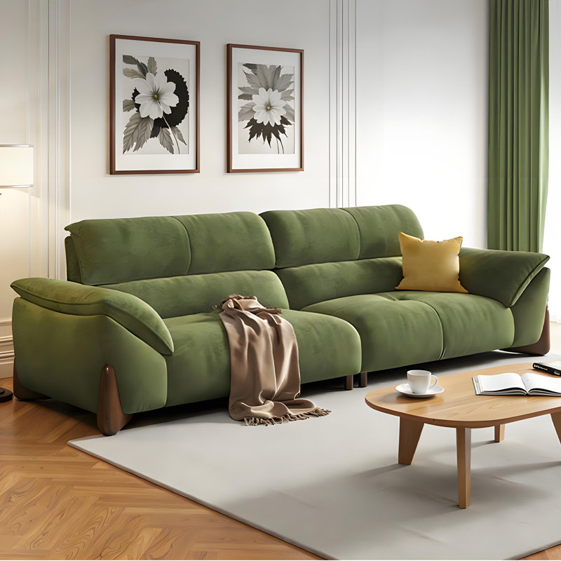 Canapé droit en chenille vert crème en tissu de style Mid-Century pour les petits espaces, 35.43" H x 98.43" W x 39.37" D