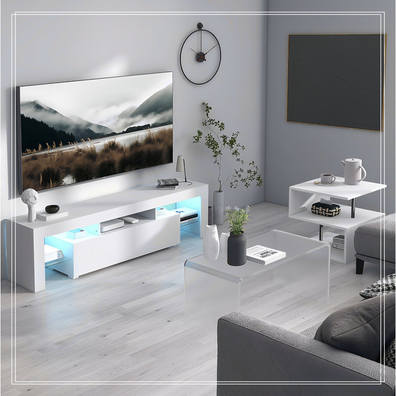 LED TV Stand for Televisions up to 55 Inchs,Modern Entertainment Center with down filp door, Glass shelf and high glossy UV front face, TV Console Table for Living room,Bedroom