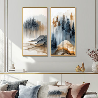 Forêt brumeuse de conifères I - Ensemble de 2 tableaux muraux de forêt pour salon