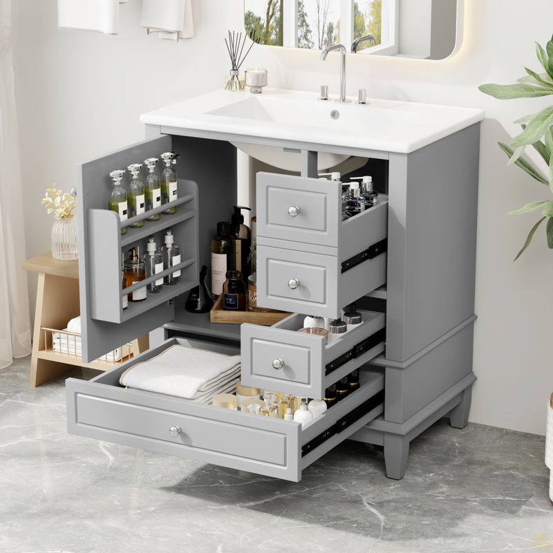 Meuble-lavabo 30 po avec lavabo, une porte avec tablette et trois tiroirs, porte à fermeture en douceur, Gris