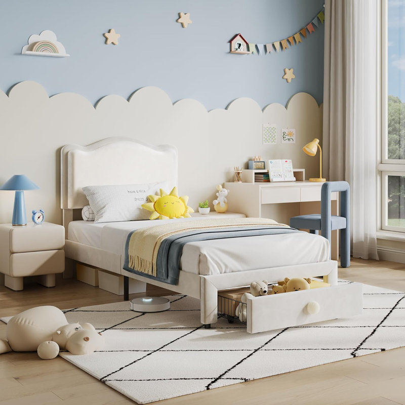 Lit simple pour enfant - tête de lit ondulée, tiroir de rangement, blanc, Beige