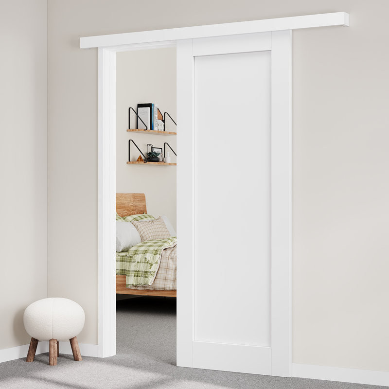 Hidden Style Track Solid Manufactured Wood Panel White Primed Sliding Barn Door With Installation Hardware Kit(No Assembly Required)