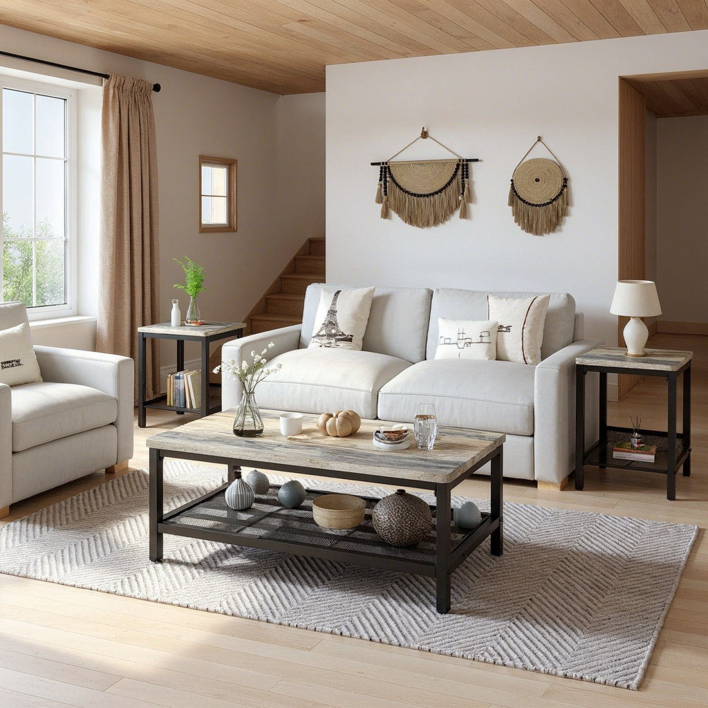 17 Stories Modern Farmhouse Coffee Table Set Of 3, Rectangular Coffee Table With 2 Square End Side Tables, 2-Tier Living Room Table Set With Metal Frame & Open Shelf For Office, Apartment, Home & Reviews | Wayfair