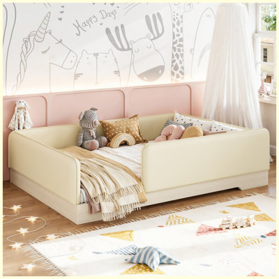 Lit double sur pied Montessori pour enfant avec garde-corps amovibles, similicuir, beige