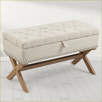 Repose-pieds avec rangement, banc en lin capitonné à boutons de 35 pouces, moderne pour le salon / la chambre à coucher | Noyer brun | Bois massif