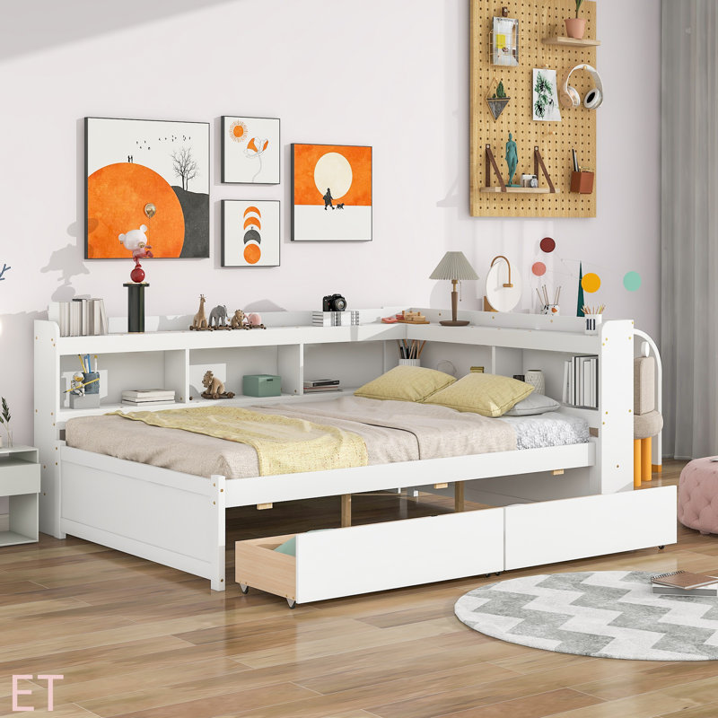 Bed With L-Shaped Bookcases,Drawers, Full