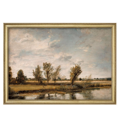 "Paysage rétro, scène de berge paisible avec arbres et nuages, décoration murale encadrée dorée"