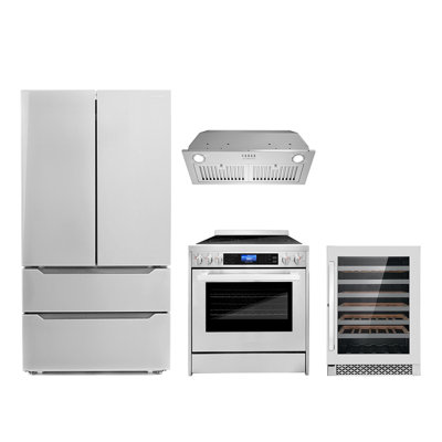 Cosmo 4 Piece Kitchen Appliance Package with French Door Refrigerator , 30'' Electric Freestanding Range , Insert Range Hood , Wine Refrigerator , and -  COS-4PKG-755