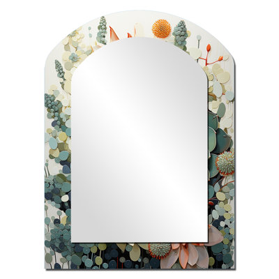 Green White Succulents Flowers Serene Succulents I - Succulent Arch Unique Wall Mirror, Traditional Asymmetrical Mirror, Printed Metal Art