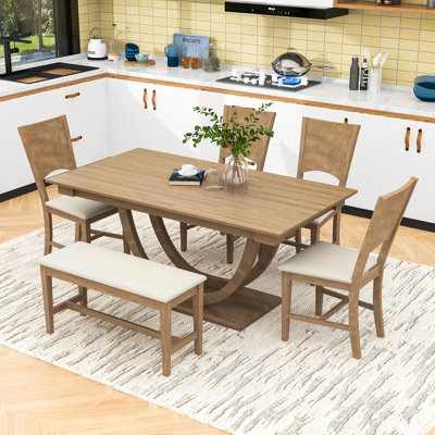 Burg 6 - Piece Pedestal Dining Set, Kitchen Table Set with Bench and 4 Dining Chairs