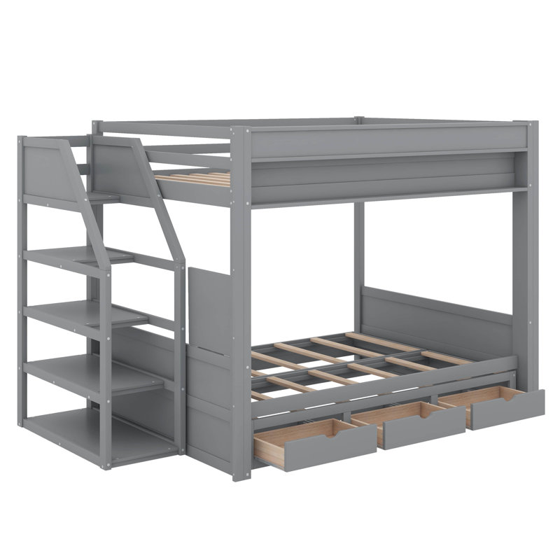 Un lit superposé convertible en bois avec un escalier de rangement, une table de chevet et trois tiroirs intégrés, Gris