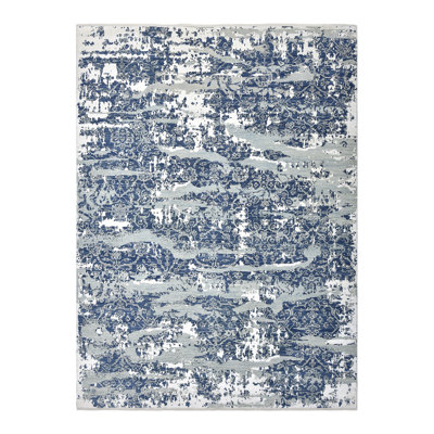 Tapis gris / bleu / ivoire noué à la main de conception unique 9 pi 1 po x 12 pi 2 po New Age
