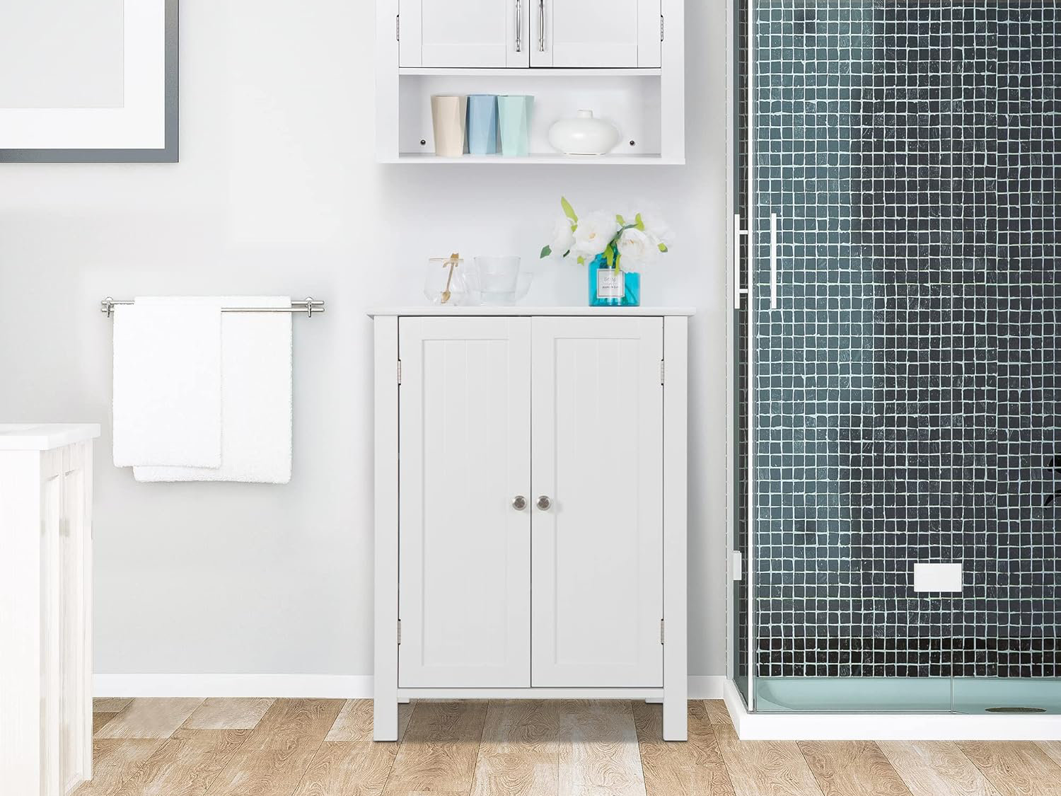 Bathroom Floor Storage Cabinet with Double Door Adjustable Shelf