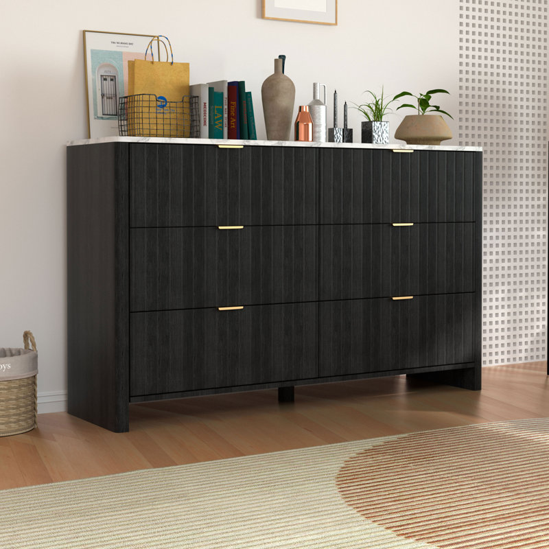 Fluted 6-Drawer  Dresser Organizer with Faux Marble Countertop, Black