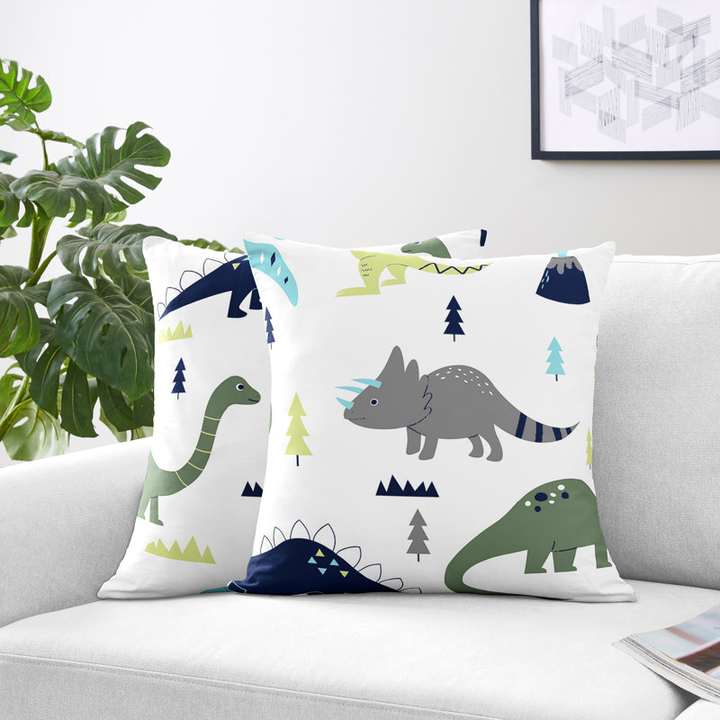 Blue and Green Dinosaur Print Microfiber Nursery Throw Pillows Set