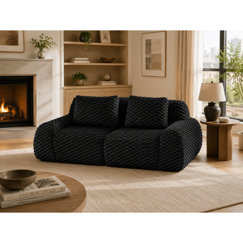 82" Modern Modular Sectional Sofa,no Assembly 2-seater Compression Loveseat With Deep Seat,curved Armrest & Pillows,flannelette Camel Couches For Living Room (black, 2-seater)