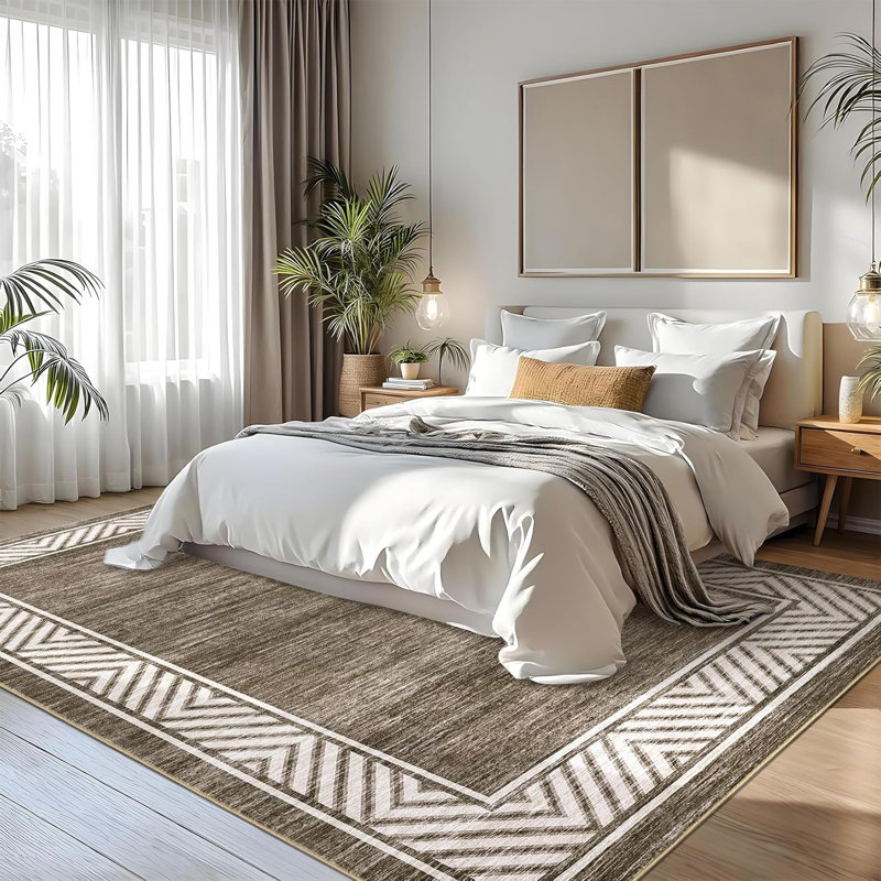 Tapis à bordure géométrique moderne 8 x 10 - lavable, pliable, résistant aux taches, facile à nettoyer, antidérapant pour le salon et la chambre à coucher (bleu marine)