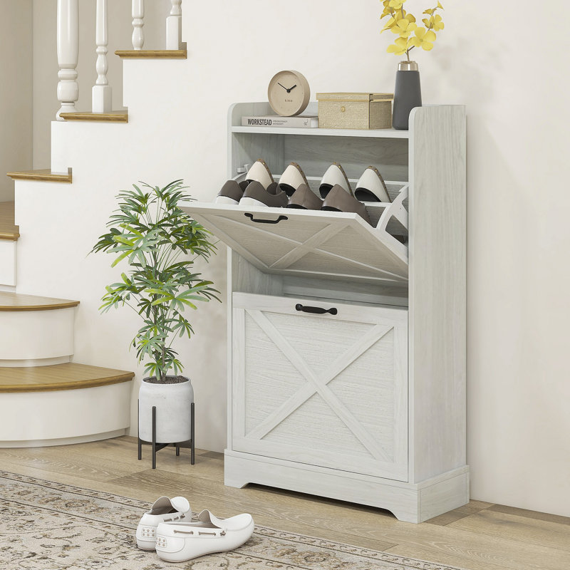 Slim Shoe Cabinet For Entryway, Farmhouse Hidden Shoe Storage Cabinet With 2 Flip Drawers And Adjustable Shelves For 8 Pairs Of Shoes