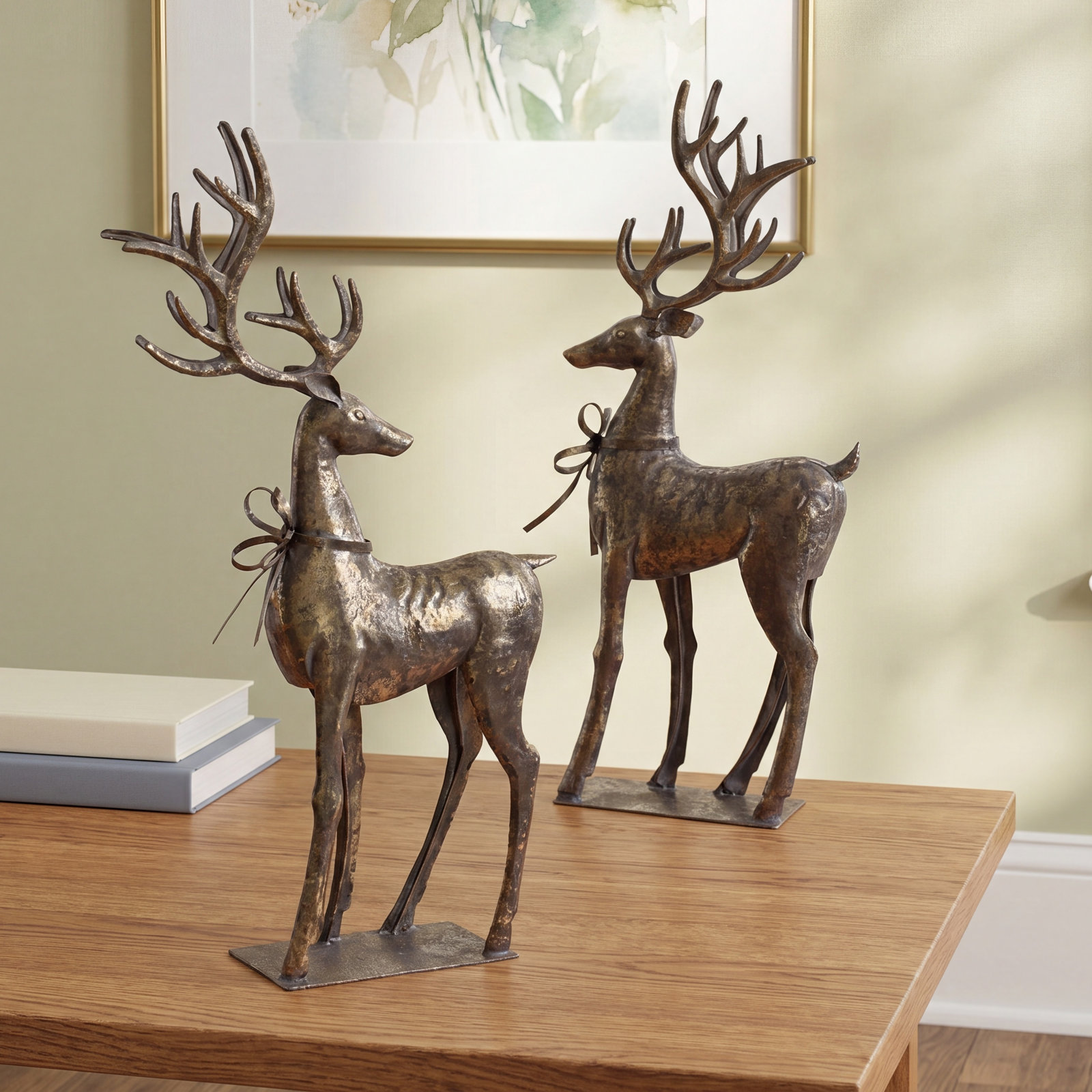 2-Piece Rustic Metal Reindeer Figurine Set