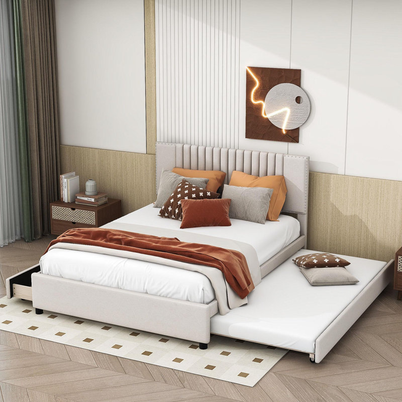 Wood Upholstered Platform Bed with Drawers, Trundle and Headboard, Queen, Beige